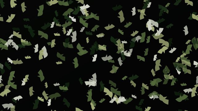 Military camouflage confetti on black background. Abstract green and tan army pattern fragments. Tactical camo debris for hunting and combat themes.