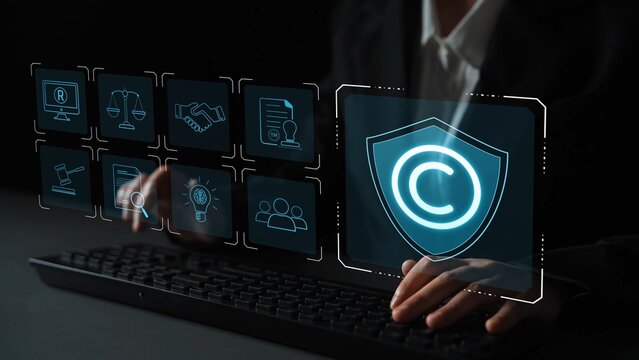 Digital copyright protection system showing secure ownership, intellectual property rights, content verification, and legal warning icons for creators and publishers Marrow