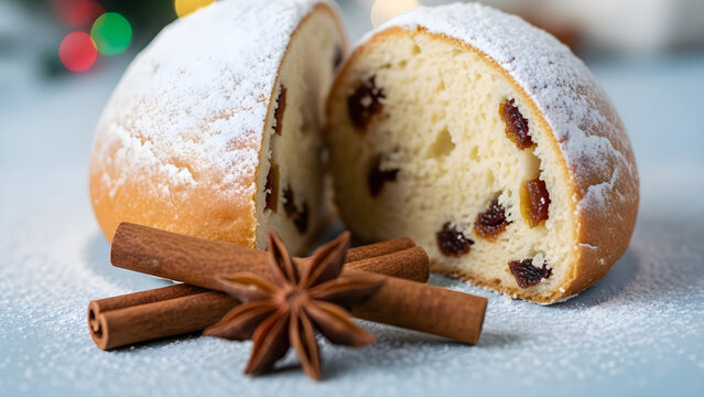 Traditional Holiday Stollen Bread with Cinnamon and Star Anise for Festive Season Dessert