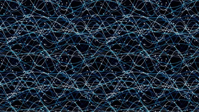 Abstract digital data waves on black background, glowing blue network lines, futuristic technology connection pattern for cyber security