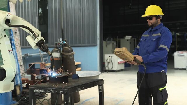 Mechanical engineers mele wearing protective goggles operates welding robot arm testing modern steel plate electric welding and industrial technology control remote control system expert technician.