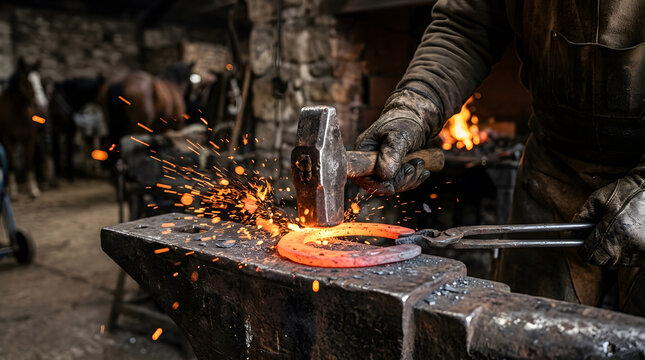 A professional blacksmith farrier hammers a glowing red-hot horseshoe on an anvil in a rustic forge workshop with sparks flying, showcasing traditional metalwork craftsmanship and manual labor skills.