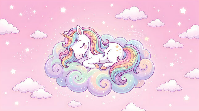 Cute unicorn sleeping on a fluffy cloud in a magical pink sky with stars and white clouds