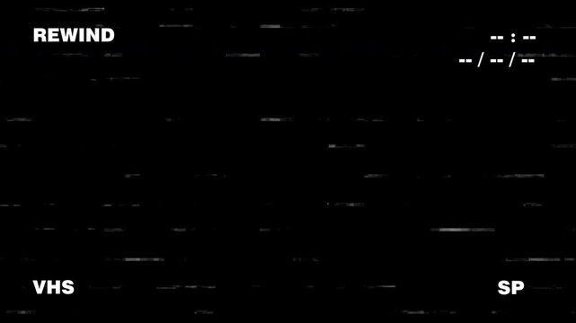 Retro vhs rewind effect with analog noise and glitch on black screen