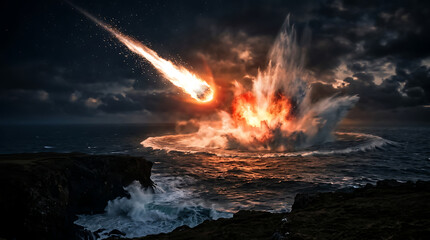 Fototapeta premium Meteorite Impact with Fireball and Explosion over Ocean
