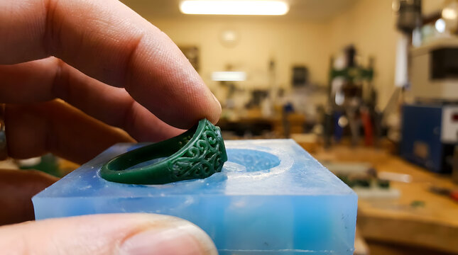 Close up of a jeweler's hand removing an intricate green wax ring model from a blue silicone mold in a professional jewelry design studio workshop using the lost wax casting method.