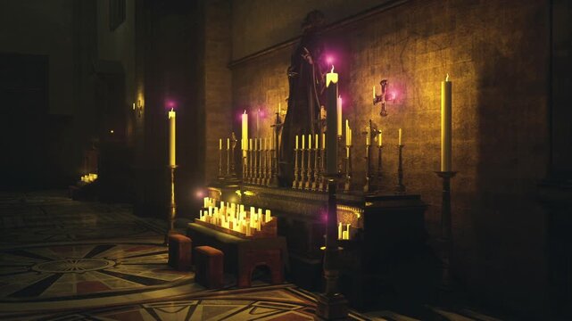 dim crypt altar bathed in candlelight, ancient stone walls with moss and faded murals, candelabra and scattered wax drips on worn floor, flickering torchlight