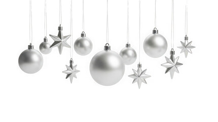 Obraz premium Silver christmas ornaments balls and stars hanging isolated on transparent background