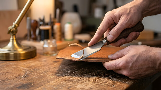 Close-up of a skilled artisan's hands using a professional skiving knife to thin the edge of high-quality brown leather on a rustic wooden workbench in a traditional leathercraft workshop.