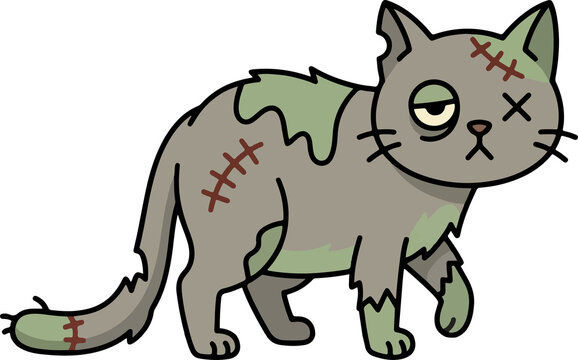 Creepy zombie feline with stitches and green slime for Halloween