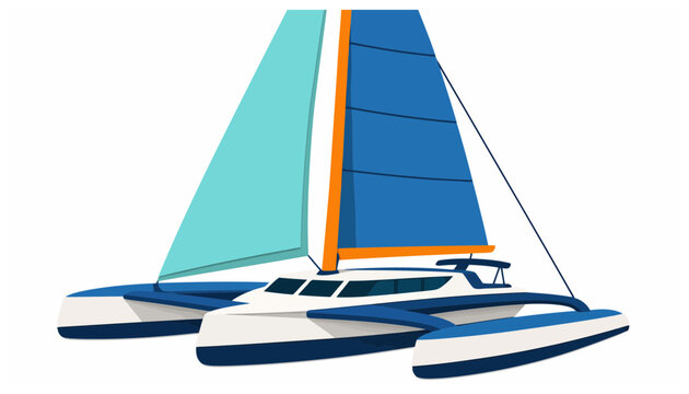 Modern catamaran illustration in flat design. Detailed sailboat with blue and teal sails and white hull. Vector graphic with clean lines and vibrant colors.