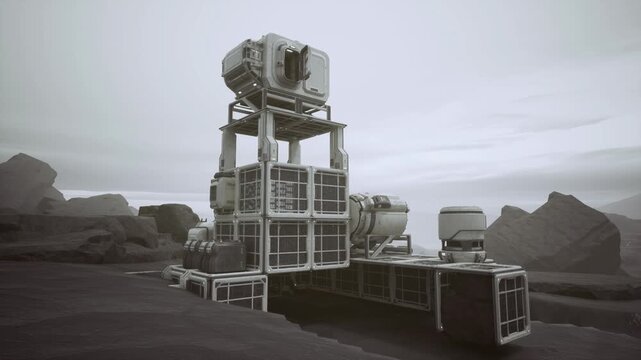 Scientist facility perched on rocky high ground. Remote modular science installation situated on windswept rocks beneath pale atmospheric expanse