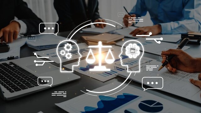 Innovative Integration of Technology and Law with Visual Elements Representing Justice, Thinking Minds, and AI Concepts in a Professional Setting Gluon.