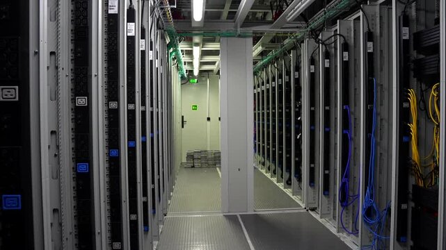 Handheld Walk Through Modern Data Center Server Room Hallway with Ceiling Cables and PDUs
