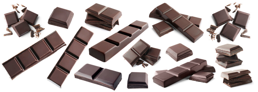 Pieces of dark chocolate isolated on white, set