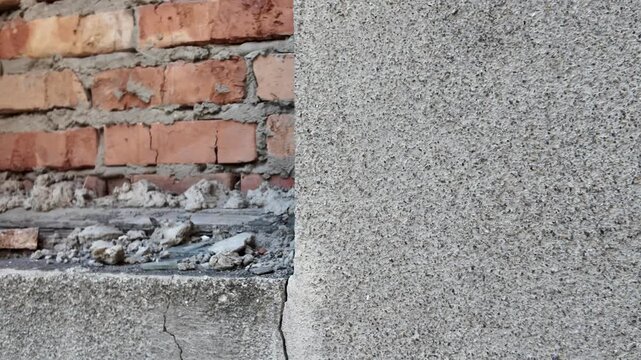 Close up of damaged brick wall texture and weathered concrete window sill with debris.
