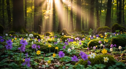 Obraz premium Sunlight streaming through trees in a spring forest clearing with sunlight