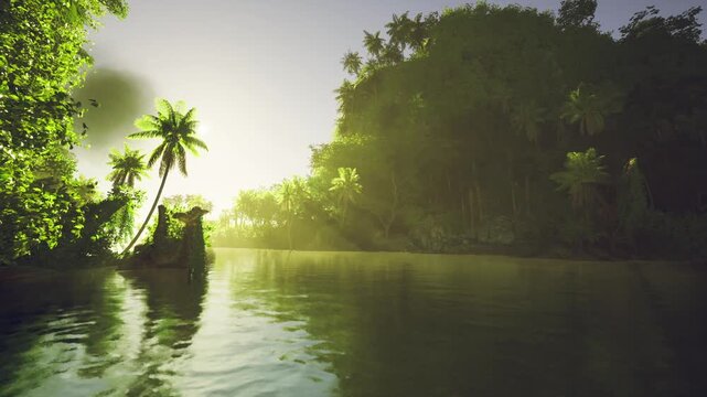 golden light river with canoe and two figures fishing near shoreline, warm beams through canopy, gentle ripples, cooperative mood and early morning routine