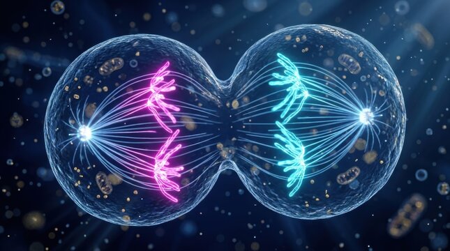 Scientific 3D rendering of cellular mitosis and cell division showing glowing chromosomes pulled by spindle fibers during anaphase for biotechnology, genetics, and medical research concepts.