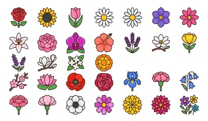 Botanical Flower Flat Vector Icon Set with Rose Tulip Daisy Lily Wildflowers and Floral Nature Collection © MstKami