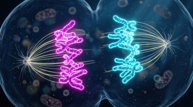 Microscopic 3D rendering of cell division during mitosis or meiosis showing glowing pink and blue chromosomes separated by spindle fibers in a biological scientific laboratory research background.