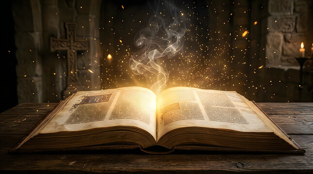 Open magic book with glowing golden light and sparkles on a dark wooden table in a room