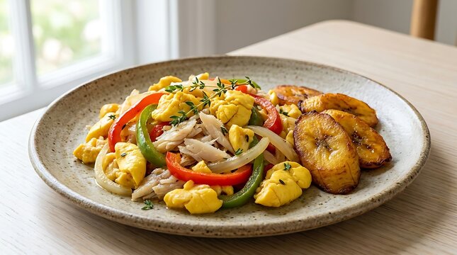 Fresh jamaican ackee and saltfish with fried plantains on a plate. Jamaican Cuisine