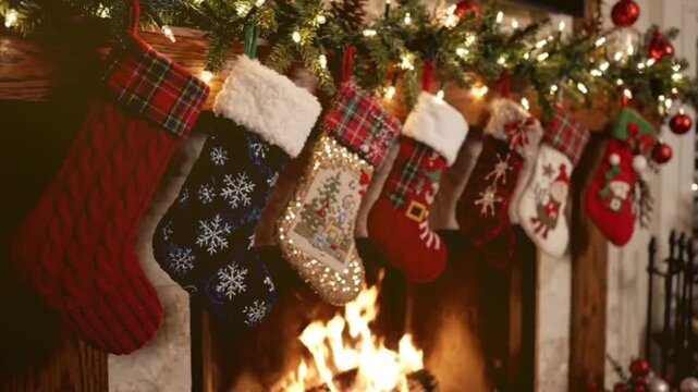 A mesmerizing slow-motion video captures cozy christmas ambiance with a crackling fireplace and beautifully adorned stockings, perfect for holiday season footage and clips.