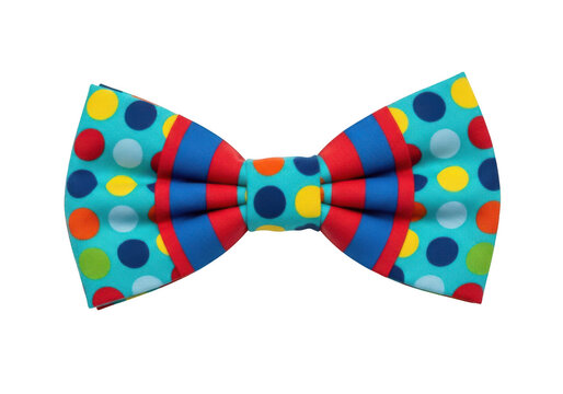 A colorful bowtie featuring a vibrant turquoise background, with multicolored polka, dots, accented by, bold red and, blue vertical stripes, isolated on a, solid black background