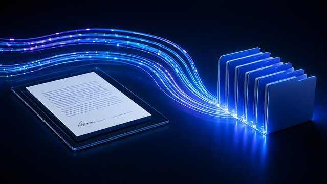 Digital document management workflow transferring a signed electronic file into organized folders through automated data streams