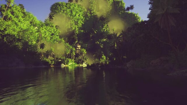 shadowed forest river under violet dusk, deep contrasts between bright canopy and dark banks, reflective ripples create dramatic cinematic mood for storytelling