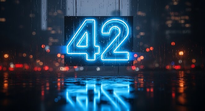 Glowing neon blue number 42 on a rainy city street at night with forty two