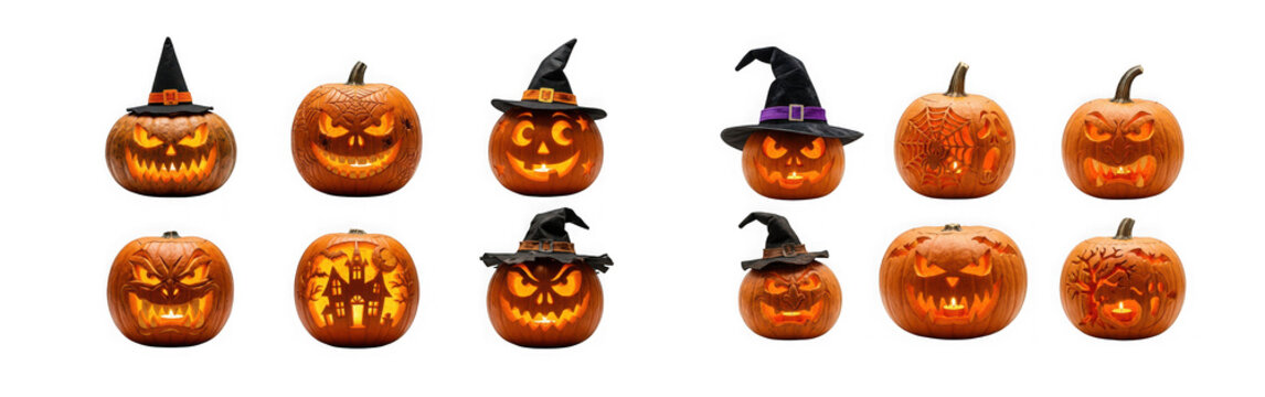 Set of carved halloween pumpkins with spooky faces and witch hats isolated on transparent background