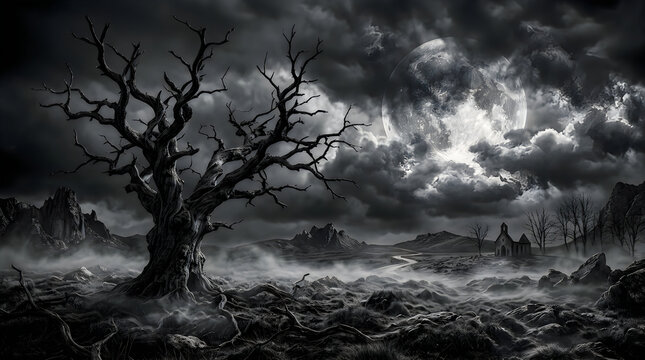 A spooky dead tree standing in a dark misty forest with a glowing moon in the night sky