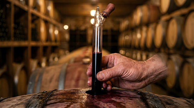 Winemaker hand extracting a red wine sample using a glass thief pipette from a rustic oak barrel in a traditional dark cellar for quality testing and tasting during the artisanal aging process.