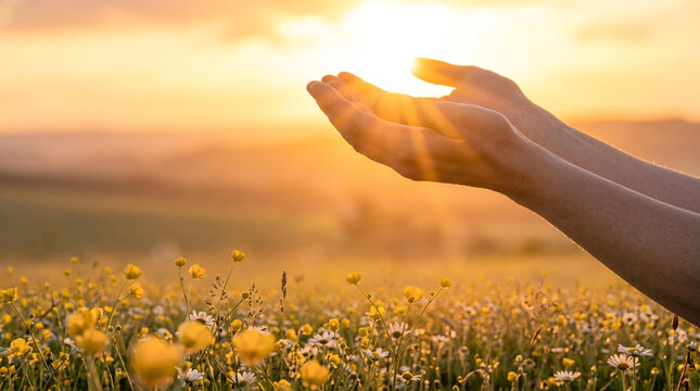 Sunrise illuminating open hands raised toward the light with soft yellow wildflowers in the foreground, symbolizing hope, emotional recovery, resilience and new beginnings, Yellow September awareness