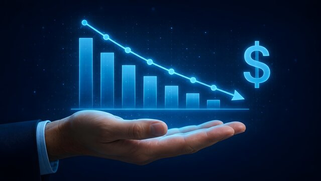 Cost reduction analysis supported by a business hand holding a descending financial chart and dollar symbol for expense control