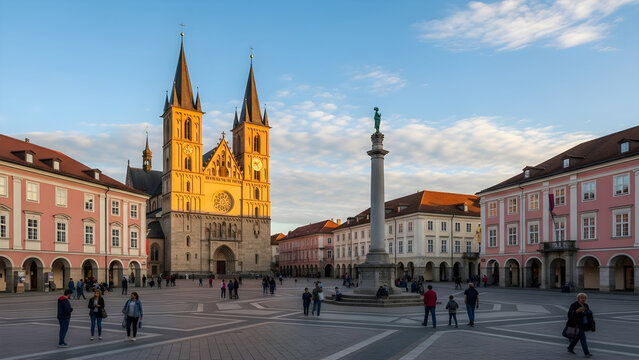 Historic Town Square Featuring a Beautiful Gothic Cathedral and Tall Memorial Column Under a Warm Golden Hour Sunset Sky in a European City