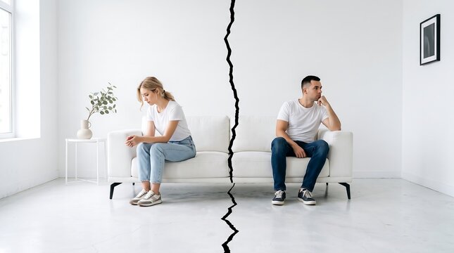 An unhappy young couple sitting apart on a white couch in a minimalist living room with a stylized black crack splitting the image down the center, representing divorce or relationship conflict.