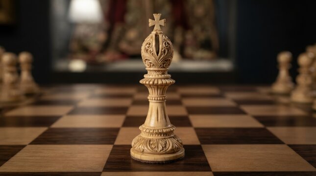 Close-up of an ornate carved wooden chess bishop on a board