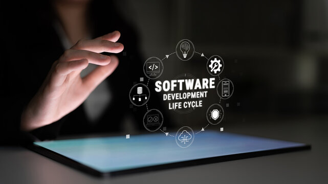 Digital Representation of Software Development Life Cycle with Touch Interaction and Modern Icons on a Touchscreen Device in a Dark Environment Quark.