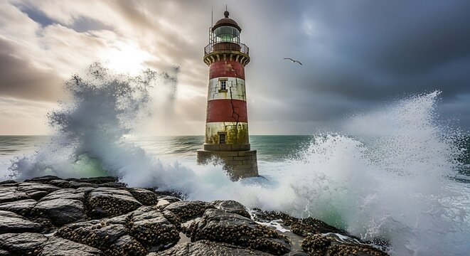 Red and white lighthouse surrounded by stormy ocean waves and dark cloudy sky