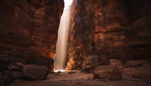 Sunlight beam illuminating deep narrow slot canyon red sandstone walls with sunlight sandstone formation environment geological dramatic illumination wilderness interior sedimentary