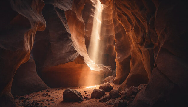 Dramatic sun beam penetrating deep into narrow sandstone slot canyon with sunlight sandstone formation environment illumination dramatic wilderness interior sedimentary peaceful