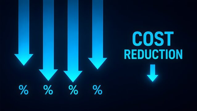 Cost reduction concept with large downward arrows and percentage symbols representing lower prices and business expenses