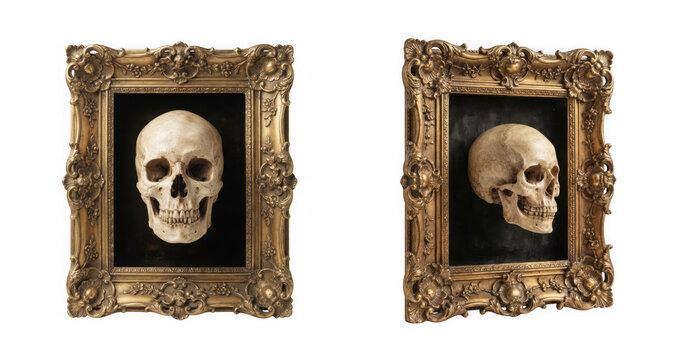 A realistic human skull mounted inside an ornate vintage gold picture frame, isolated on transparent background