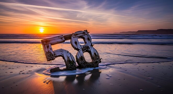 Sculptural number 58 sitting on wet beach sand at golden hour sunset