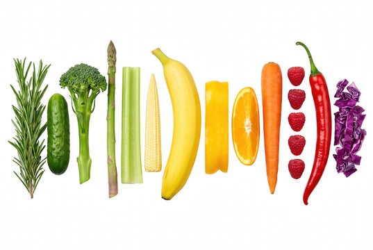 Rainbow spectrum of fresh fruits and vegetables arranged in a horizontal row