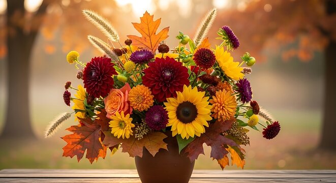 Autumnal flower bouquet with dahlias and sunflowers, seasonal