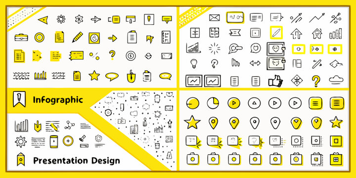 Collection of flat yellow ui icons representing various concepts for infographic and presentation design applications icon graphic element elements pictogram pictograms symbol symbols